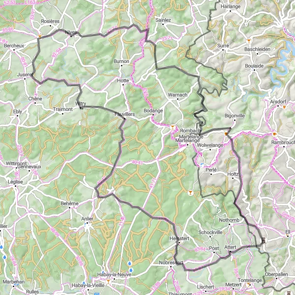 Map miniature of "Tintange Adventure" cycling inspiration in Prov. Luxembourg (BE), Belgium. Generated by Tarmacs.app cycling route planner