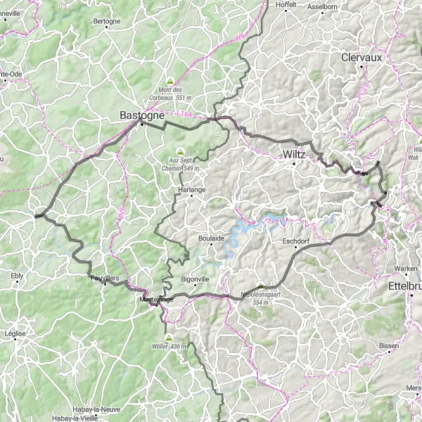 Miniature de la carte de l'inspiration cycliste "Les collines de Vaux-sur-Sûre" dans la Prov. Luxembourg (BE), Belgium. Générée par le planificateur d'itinéraire cycliste Tarmacs.app