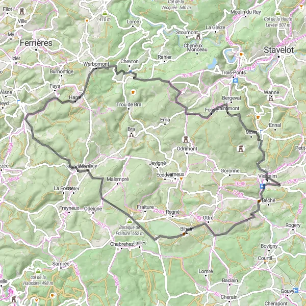 Karten-Miniaturansicht der Radinspiration "Hügelige Landschaften und charmante Dörfer" in Prov. Luxembourg (BE), Belgium. Erstellt vom Tarmacs.app-Routenplaner für Radtouren