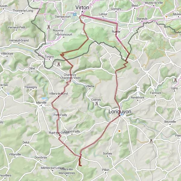Miniature de la carte de l'inspiration cycliste "Boucle autour de Virton via Longuyon" dans la Prov. Luxembourg (BE), Belgium. Générée par le planificateur d'itinéraire cycliste Tarmacs.app