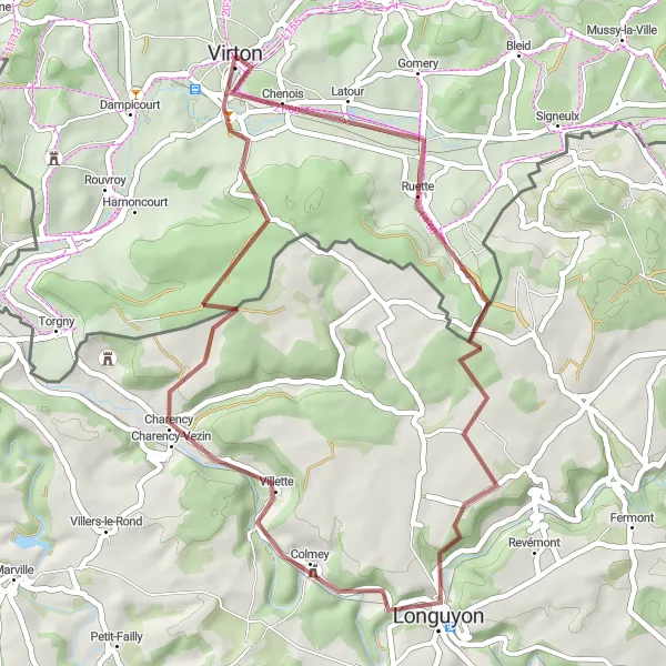Map miniature of "Virton to Grandcourt and back" cycling inspiration in Prov. Luxembourg (BE), Belgium. Generated by Tarmacs.app cycling route planner