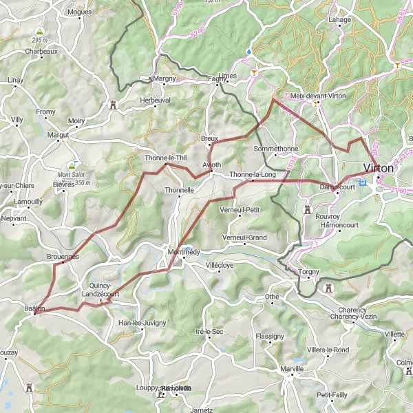 Map miniature of "Gravel Discoveries in Virton" cycling inspiration in Prov. Luxembourg (BE), Belgium. Generated by Tarmacs.app cycling route planner