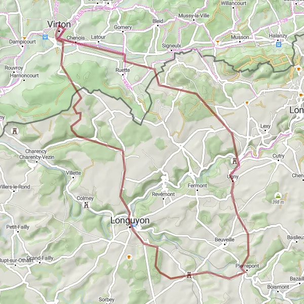 Miniatuurkaart van de fietsinspiratie "Grindpaden van Virton naar Saint-Pancré en terug" in Prov. Luxembourg (BE), Belgium. Gemaakt door de Tarmacs.app fietsrouteplanner