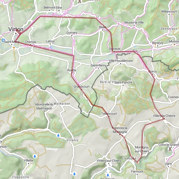 Miniatuurkaart van de fietsinspiratie "Gravelavontuur vanuit Virton via Tellancourt en Gorcy" in Prov. Luxembourg (BE), Belgium. Gemaakt door de Tarmacs.app fietsrouteplanner
