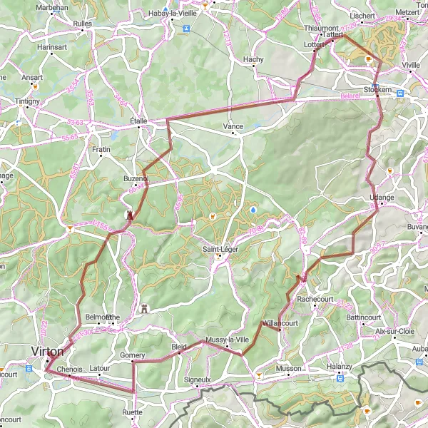 Map miniature of "Gravel Expedition around Virton" cycling inspiration in Prov. Luxembourg (BE), Belgium. Generated by Tarmacs.app cycling route planner