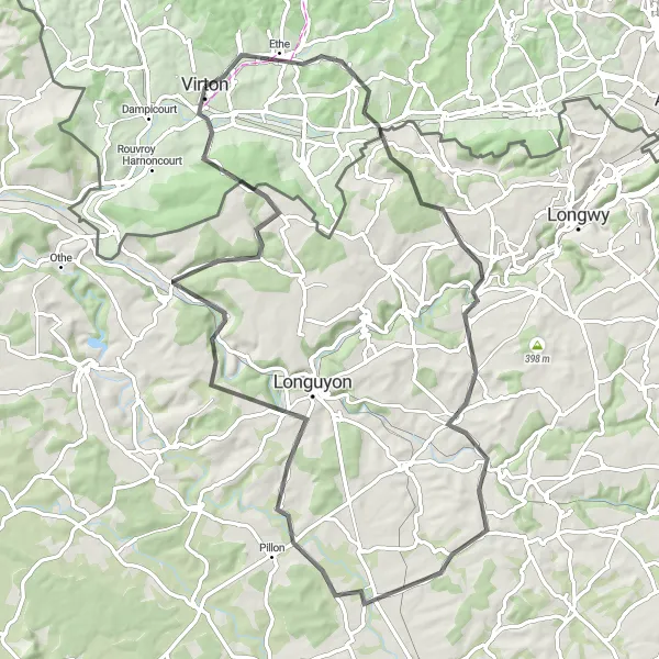 Karten-Miniaturansicht der Radinspiration "Die Herausforderung von Virton nach Charency-Vezin" in Prov. Luxembourg (BE), Belgium. Erstellt vom Tarmacs.app-Routenplaner für Radtouren