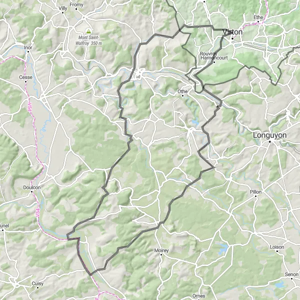 Miniatuurkaart van de fietsinspiratie "Wegen van Virton naar Charency-Vezin en terug" in Prov. Luxembourg (BE), Belgium. Gemaakt door de Tarmacs.app fietsrouteplanner