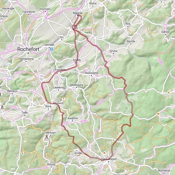 Map miniature of "Hargimont and Saint-Hubert Gravel Loop" cycling inspiration in Prov. Luxembourg (BE), Belgium. Generated by Tarmacs.app cycling route planner