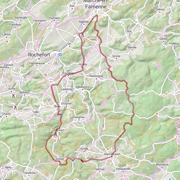 Miniatuurkaart van de fietsinspiratie "Avontuurlijke tocht naar Wavreille" in Prov. Luxembourg (BE), Belgium. Gemaakt door de Tarmacs.app fietsrouteplanner