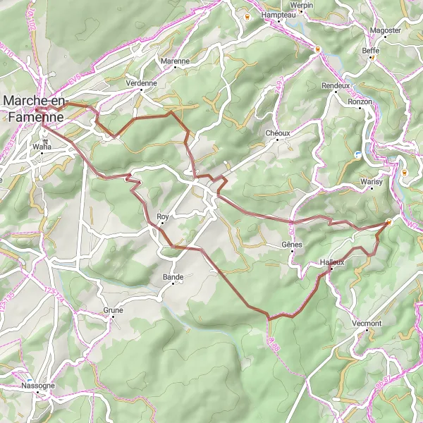 Miniature de la carte de l'inspiration cycliste "Boucle des Châteaux en Gravel" dans la Prov. Luxembourg (BE), Belgium. Générée par le planificateur d'itinéraire cycliste Tarmacs.app