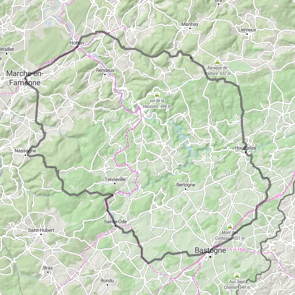 Miniature de la carte de l'inspiration cycliste "La Grande Boucle de l'Ardenne Belge" dans la Prov. Luxembourg (BE), Belgium. Générée par le planificateur d'itinéraire cycliste Tarmacs.app