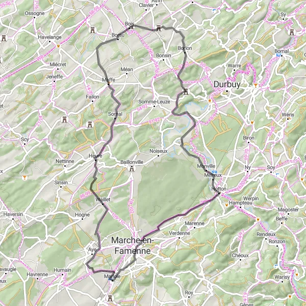 Map miniature of "Waha to Château de Waha Loop" cycling inspiration in Prov. Luxembourg (BE), Belgium. Generated by Tarmacs.app cycling route planner