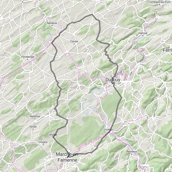 Map miniature of "Warre Loop with Historic Highlights" cycling inspiration in Prov. Luxembourg (BE), Belgium. Generated by Tarmacs.app cycling route planner
