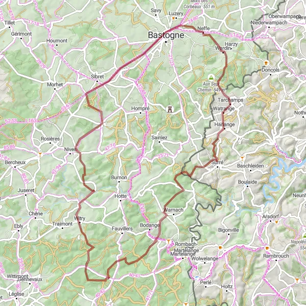 Karten-Miniaturansicht der Radinspiration "Rundfahrt um Wardin - Gravel" in Prov. Luxembourg (BE), Belgium. Erstellt vom Tarmacs.app-Routenplaner für Radtouren