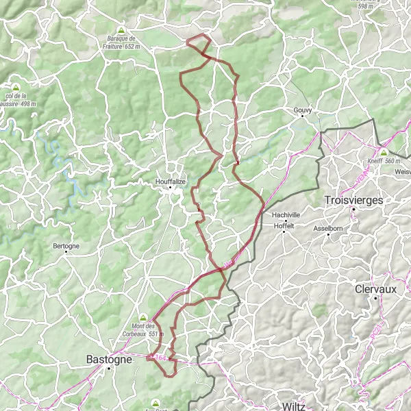 Map miniature of "Long Gravel Adventure from Wardin" cycling inspiration in Prov. Luxembourg (BE), Belgium. Generated by Tarmacs.app cycling route planner