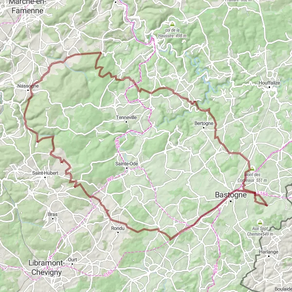Miniatuurkaart van de fietsinspiratie "Bastogne en omgeving Gravel Route" in Prov. Luxembourg (BE), Belgium. Gemaakt door de Tarmacs.app fietsrouteplanner