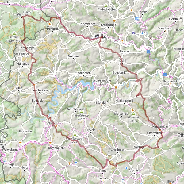 Miniatuurkaart van de fietsinspiratie "Gravelroute vanuit Wardin" in Prov. Luxembourg (BE), Belgium. Gemaakt door de Tarmacs.app fietsrouteplanner