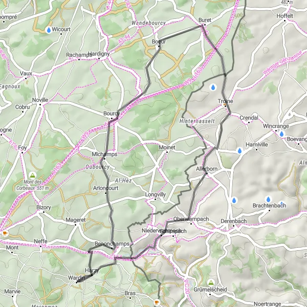 Map miniature of "Road Route near Wardin" cycling inspiration in Prov. Luxembourg (BE), Belgium. Generated by Tarmacs.app cycling route planner