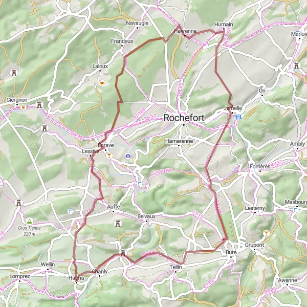 Map miniature of "Tranquil Gravel Discoveries" cycling inspiration in Prov. Luxembourg (BE), Belgium. Generated by Tarmacs.app cycling route planner