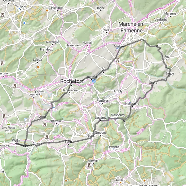 Map miniature of "Rochefort Discovery" cycling inspiration in Prov. Luxembourg (BE), Belgium. Generated by Tarmacs.app cycling route planner