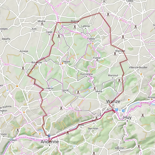 Map miniature of "Burdinne to Braives and Wanze Gravel Route" cycling inspiration in Prov. Namur, Belgium. Generated by Tarmacs.app cycling route planner