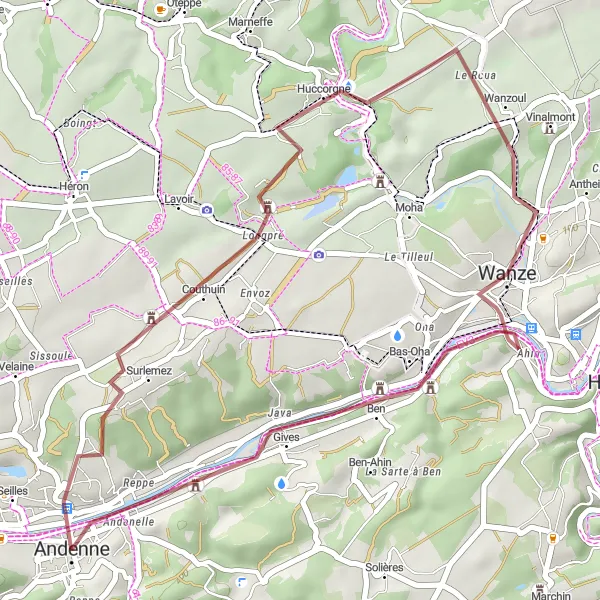 Map miniature of "Huccorgne to Wanze and Andenne Gravel Route" cycling inspiration in Prov. Namur, Belgium. Generated by Tarmacs.app cycling route planner