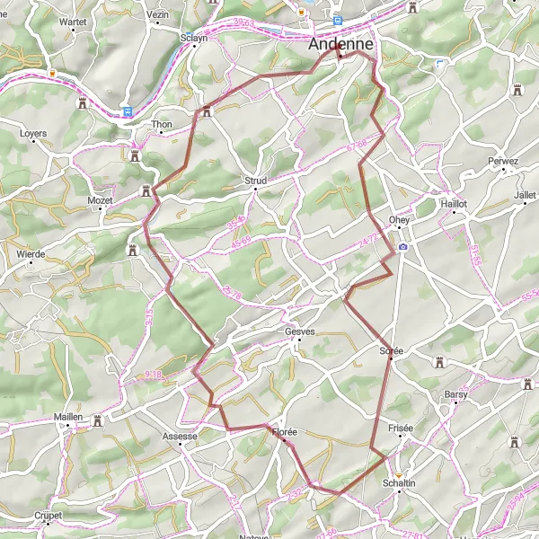 Miniatuurkaart van de fietsinspiratie "Ontdekkingstocht door Ohey en Florée" in Prov. Namur, Belgium. Gemaakt door de Tarmacs.app fietsrouteplanner