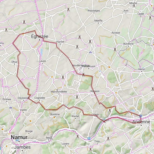 Miniatuurkaart van de fietsinspiratie "Avontuurlijke grindroute door landelijke omgeving" in Prov. Namur, Belgium. Gemaakt door de Tarmacs.app fietsrouteplanner