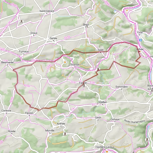 Map miniature of "Falaën and Maredsous Gravel Route" cycling inspiration in Prov. Namur, Belgium. Generated by Tarmacs.app cycling route planner