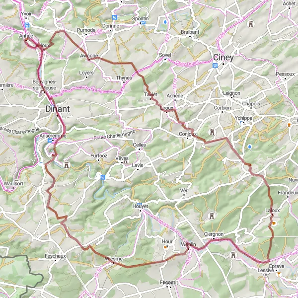 Karten-Miniaturansicht der Radinspiration "Gravelradtour von Anhée durch die malerische Landschaft" in Prov. Namur, Belgium. Erstellt vom Tarmacs.app-Routenplaner für Radtouren