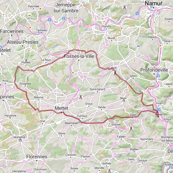 Karten-Miniaturansicht der Radinspiration "Rundfahrt über 65 km durch Ermeton-sur-Biert, Table d'orientation und Warnant" in Prov. Namur, Belgium. Erstellt vom Tarmacs.app-Routenplaner für Radtouren