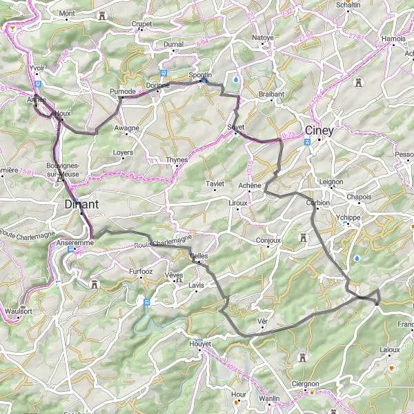 Karten-Miniaturansicht der Radinspiration "Roadtrip durch Dinant und Noirmont" in Prov. Namur, Belgium. Erstellt vom Tarmacs.app-Routenplaner für Radtouren