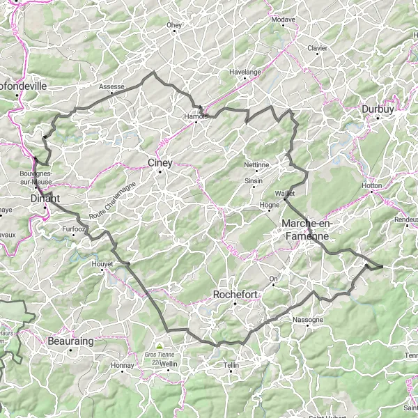 Miniatuurkaart van de fietsinspiratie "Ontdekkingstocht door de Ardennen" in Prov. Namur, Belgium. Gemaakt door de Tarmacs.app fietsrouteplanner