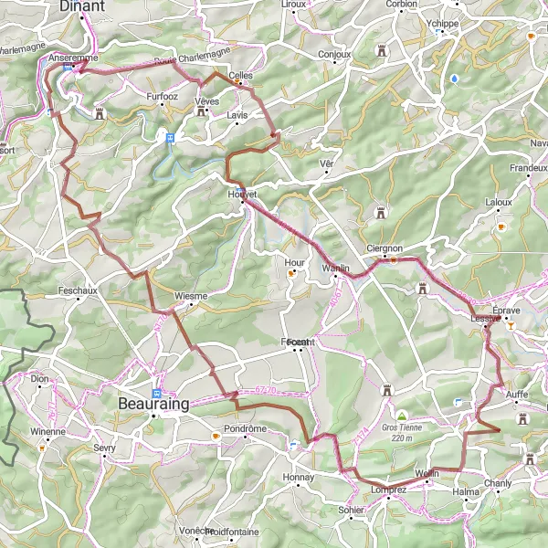 Miniatuurkaart van de fietsinspiratie "Mooie grindroute door de groene landschappen" in Prov. Namur, Belgium. Gemaakt door de Tarmacs.app fietsrouteplanner