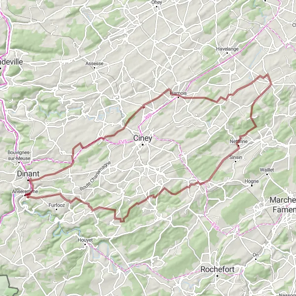 Miniatuurkaart van de fietsinspiratie "Gravelroute Anseremme-Sovet-Buzin-Haversin-Dréhance" in Prov. Namur, Belgium. Gemaakt door de Tarmacs.app fietsrouteplanner