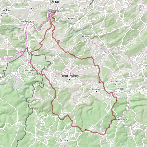 Map miniature of "Wiesme Gravel Adventure" cycling inspiration in Prov. Namur, Belgium. Generated by Tarmacs.app cycling route planner