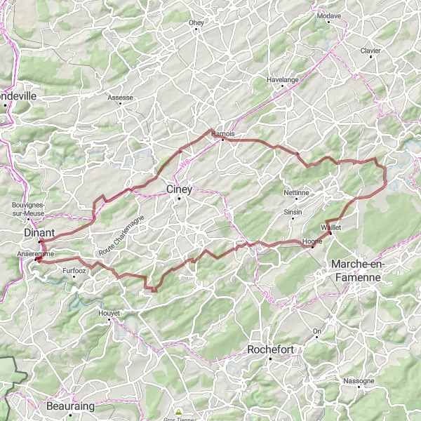 Karten-Miniaturansicht der Radinspiration "Abenteuerliche Schotterroute durch die Natur" in Prov. Namur, Belgium. Erstellt vom Tarmacs.app-Routenplaner für Radtouren