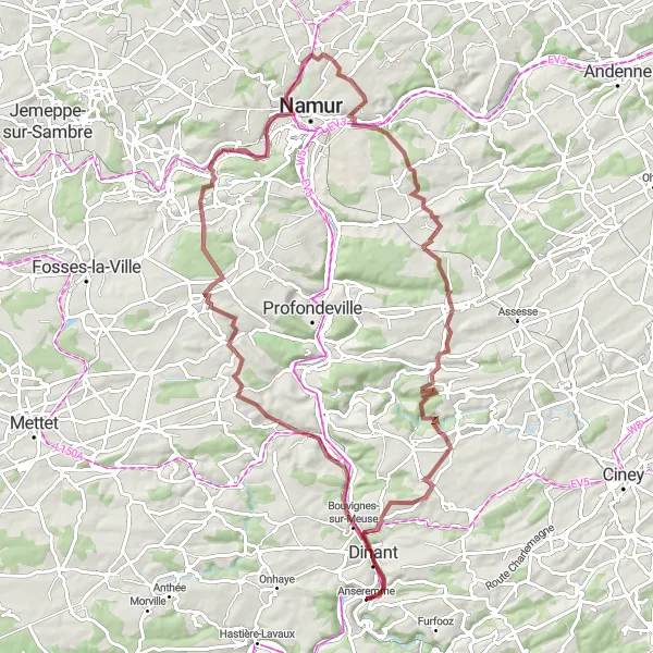 Karten-Miniaturansicht der Radinspiration "Die abenteuerliche Graveltour von Anseremme nach Anseremme" in Prov. Namur, Belgium. Erstellt vom Tarmacs.app-Routenplaner für Radtouren