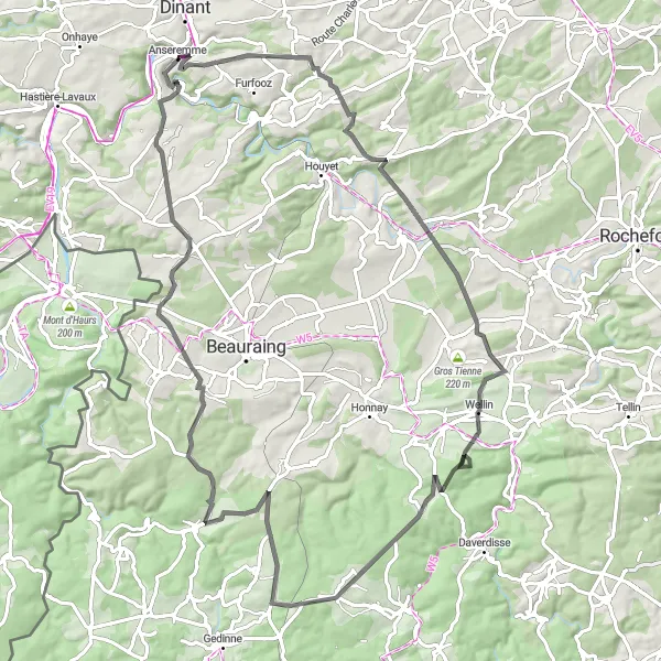 Map miniature of "The Ardennes Challenge" cycling inspiration in Prov. Namur, Belgium. Generated by Tarmacs.app cycling route planner