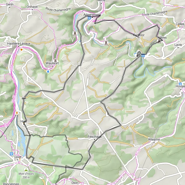 Map miniature of "Vêves Loop" cycling inspiration in Prov. Namur, Belgium. Generated by Tarmacs.app cycling route planner