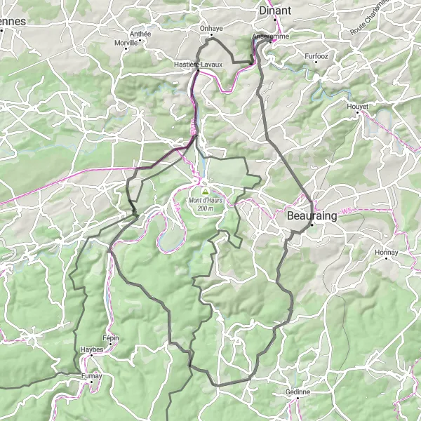 Miniature de la carte de l'inspiration cycliste "Tour de Beauraing à Freÿr" dans la Prov. Namur, Belgium. Générée par le planificateur d'itinéraire cycliste Tarmacs.app