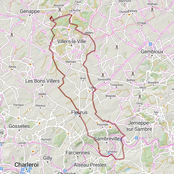 Map miniature of "Gravel Route Around Arsimont" cycling inspiration in Prov. Namur, Belgium. Generated by Tarmacs.app cycling route planner