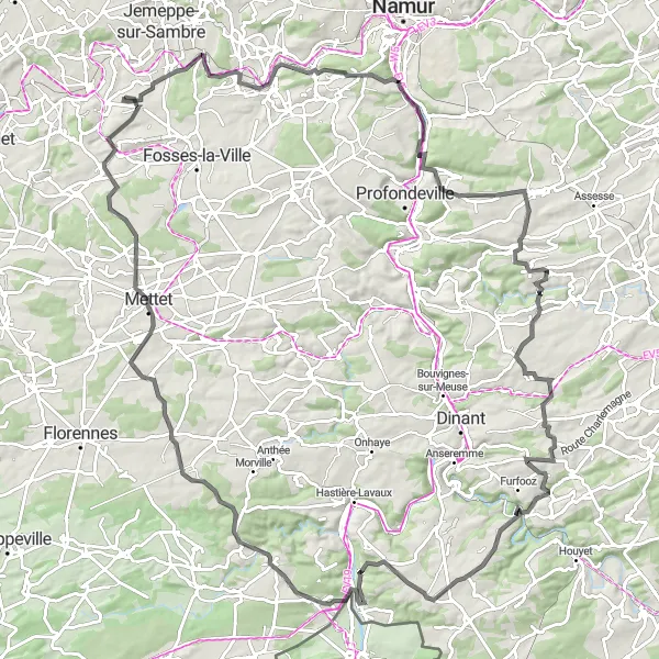 Map miniature of "Namur Adventure" cycling inspiration in Prov. Namur, Belgium. Generated by Tarmacs.app cycling route planner