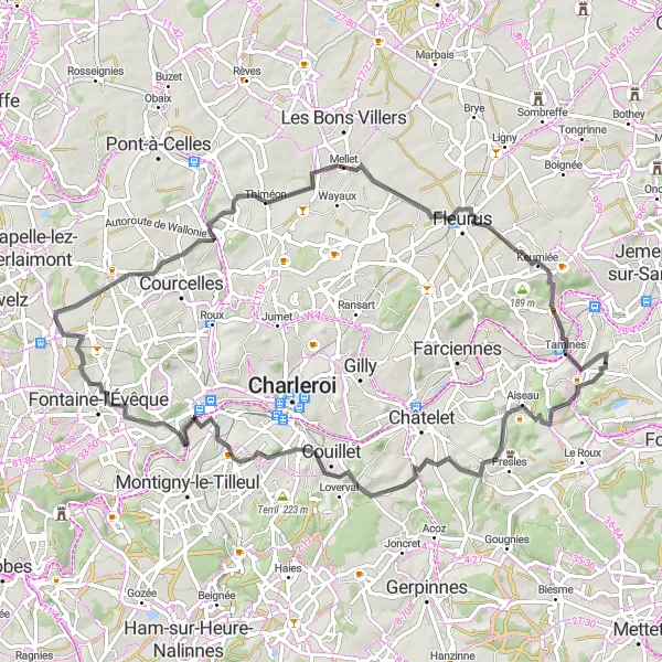 Map miniature of "The Challenging Loop" cycling inspiration in Prov. Namur, Belgium. Generated by Tarmacs.app cycling route planner