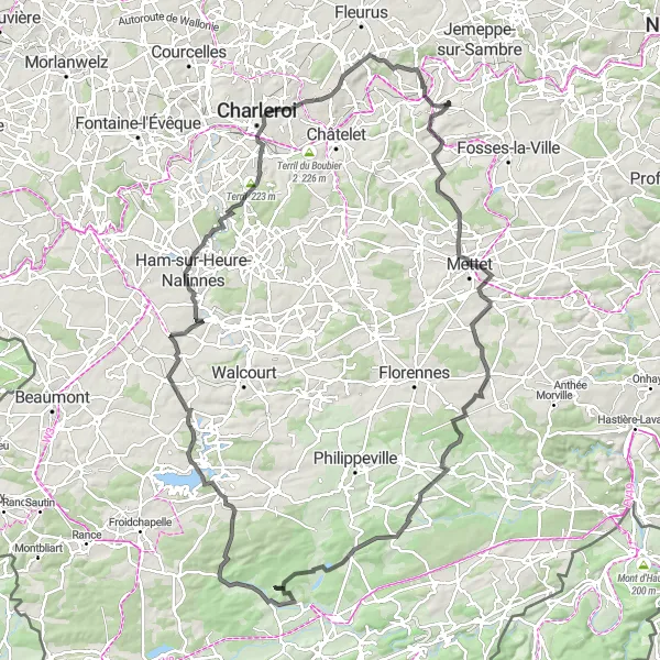 Map miniature of "Challenging Road Cycling Adventure" cycling inspiration in Prov. Namur, Belgium. Generated by Tarmacs.app cycling route planner