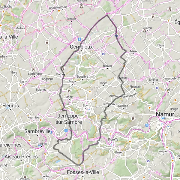 Miniatuurkaart van de fietsinspiratie "Fietsen naar Villeret en Névremont" in Prov. Namur, Belgium. Gemaakt door de Tarmacs.app fietsrouteplanner