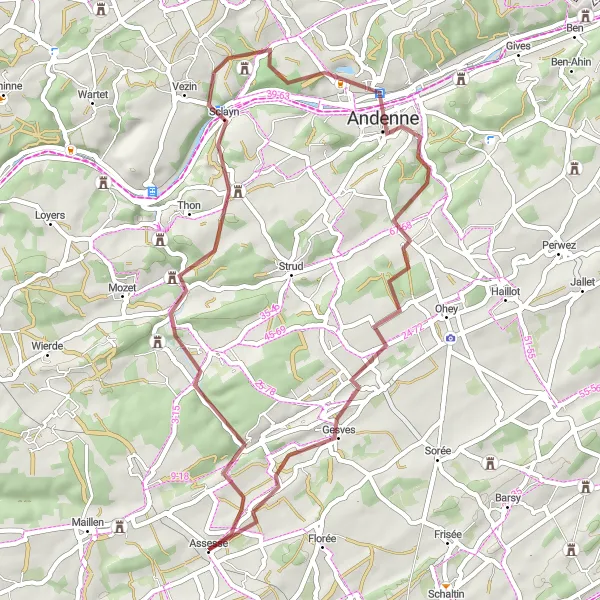 Map miniature of "Assesse to Gesves Gravel Route" cycling inspiration in Prov. Namur, Belgium. Generated by Tarmacs.app cycling route planner