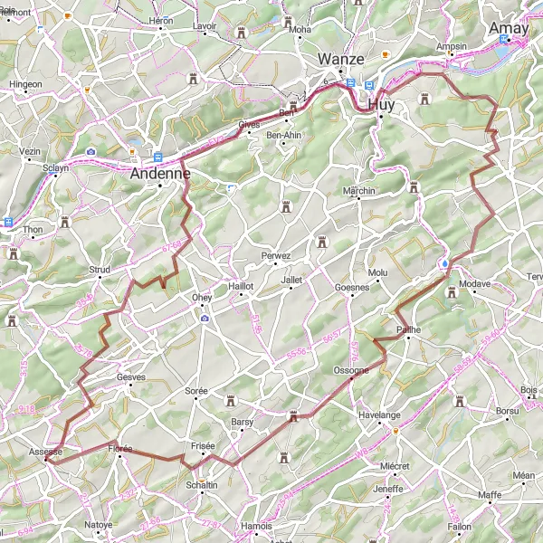 Miniature de la carte de l'inspiration cycliste "Les collines de la Vallée du Samson" dans la Prov. Namur, Belgium. Générée par le planificateur d'itinéraire cycliste Tarmacs.app