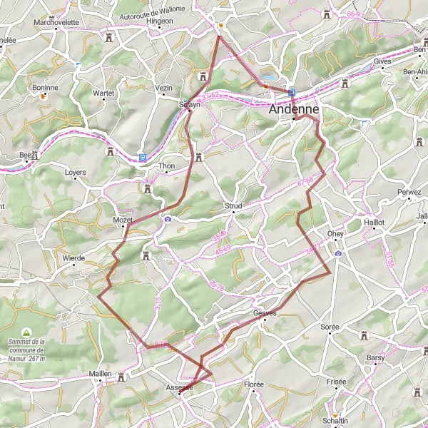 Miniature de la carte de l'inspiration cycliste "Les Châteaux de la Meuse" dans la Prov. Namur, Belgium. Générée par le planificateur d'itinéraire cycliste Tarmacs.app