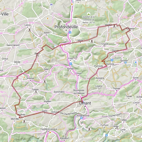 Miniature de la carte de l'inspiration cycliste "Les Sept Meuses et Maillen" dans la Prov. Namur, Belgium. Générée par le planificateur d'itinéraire cycliste Tarmacs.app